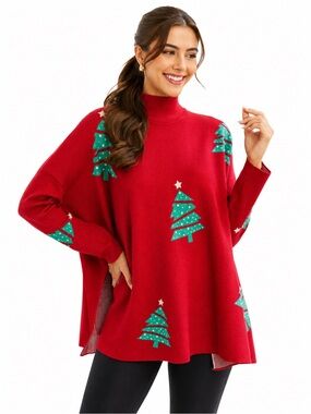 Shop the Mint Size Small Oversized Red Sweater with Christmas Tree Design